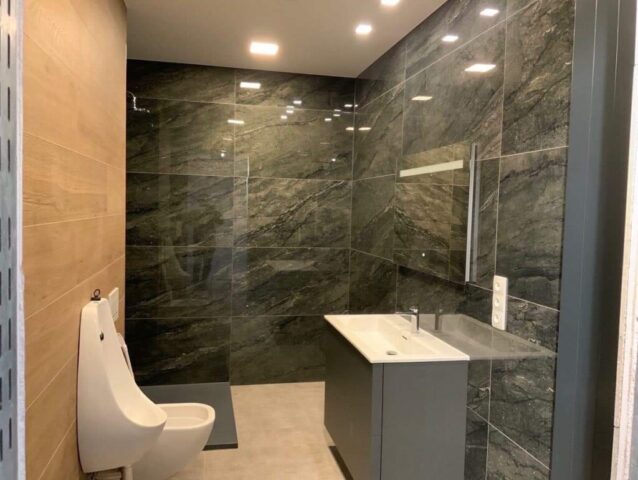 Moderní koupelna s WC po rekonstrukci velkoformátové obklady a elegantní osvětlení.